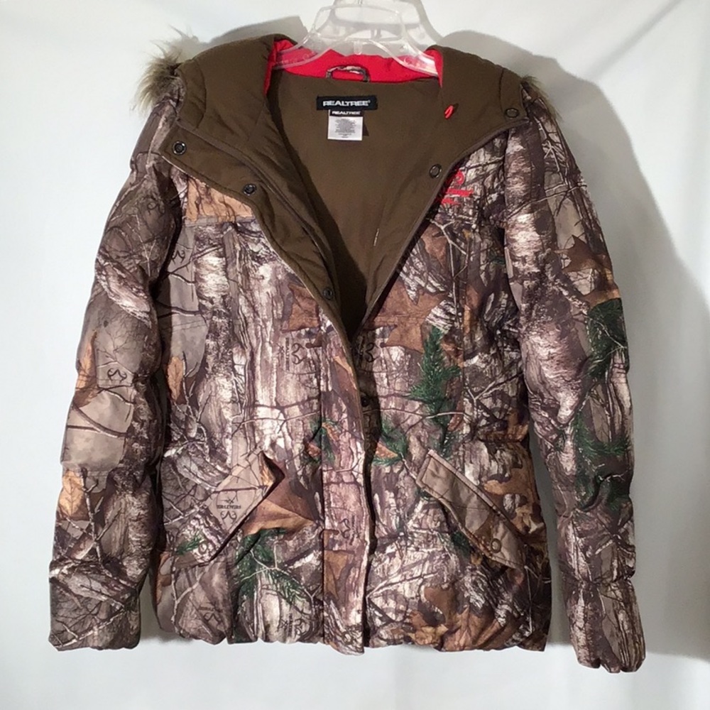 Realtree Brown & Green Camo Puffer Jacket with Faux Fur Hood Trim